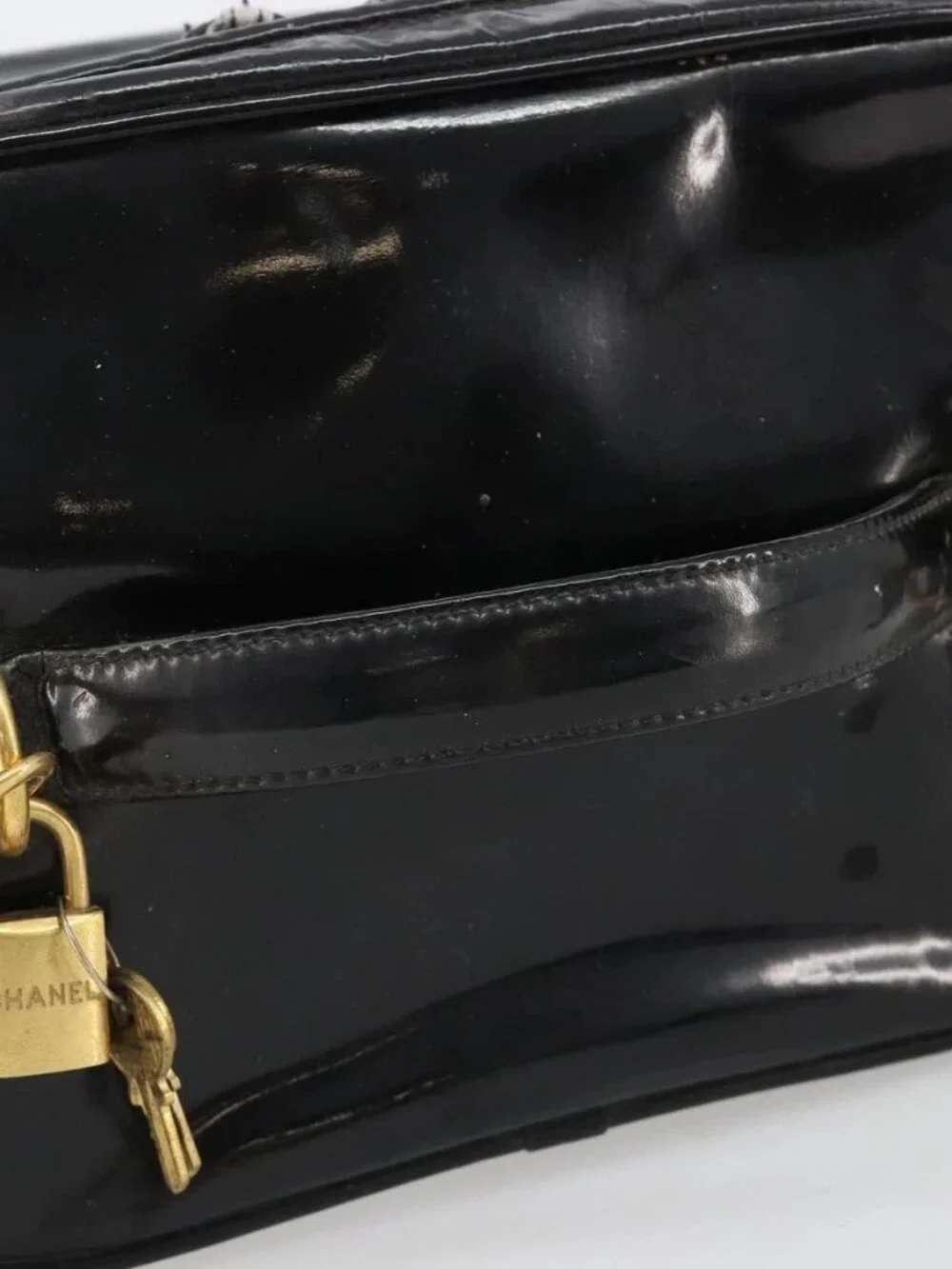 CHANEL Vanity Hand Bag Patent leather 2way Black Gold CC Auth MY059